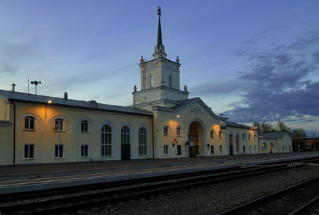 DNO, RUSSIA - MAY 07, 2022: The old building of the Dno railway station in May twilightのeditorial素材