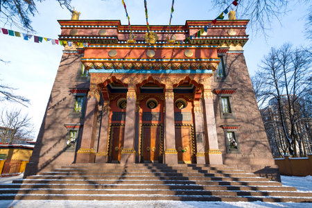 SAINT PETERSBURG, RUSSIA - FEBRUARY 12, 2023: Facade of the Buddhist temple Datsan Gunzechoyney close-up on a sunny February dayのeditorial素材