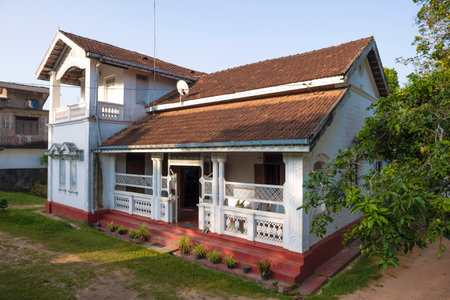 Old traditional colonial style residential house close-up in the early morning. Ambalangoda, Sri Lankaのeditorial素材