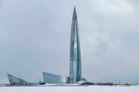 SAINT PETERSBURG, RUSSIA - MARCH 13, 2023: View of the Lakhta Center high-rise building from the Gulf of Finland on a cloudy March dayのeditorial素材
