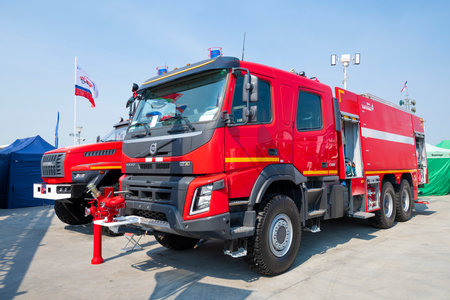 MOSCOW REGION, RUSSIA - AUGUST 18, 2022: New modern fire truck based on Volvo FMX 500 on the...