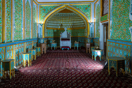 KHIVA, UZBEKISTAN - SEPTEMBER 06, 2022: The interior of the throne hall of Khorezm khans. Kunya-Ark fortressのeditorial素材
