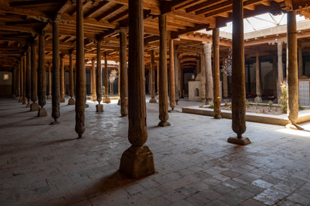 Interior with wooden columns of the medieval Juma mosque. Khiva, Uzbekistanのeditorial素材