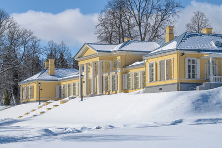 The main building of the ancient estate of Mon Repos on a sunny March day. Vyborg. Leningrad region, Russiaのeditorial素材