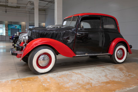 ST. PETERSBURG, RUSSIA - MARCH 29, 2023: German car of the Adler Trumpf Junior on the retro car...