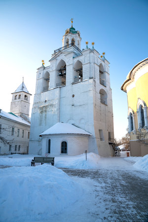 The ancient bell tower of the Spaso-Preobrazhensky Monastery on a January morning. Yaroslavl, Golden...