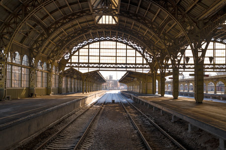 Access roads and platforms of the ancient Vitebskiy railway station on a February afternoon. Saint Petersburg, Russiaのeditorial素材
