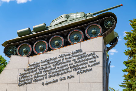 TAMBOV, RUSSIA - JUNE 03, 2023: Monument "Tank T-34 "Tambov Collective Farmer" close-up on a sunny June dayのeditorial素材