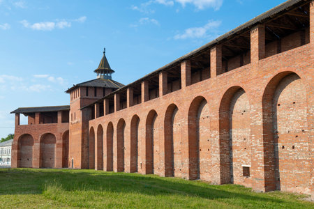 Fragment of the ancient wall of the Kolomna Kremlin on a sunny June day. Kolomna. Moscow region,...
