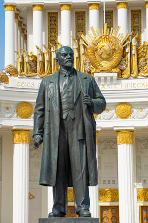 MOSCOW, RUSSIA - APRIL 14, 2021: Monument to V.I. Lenin (Ulyanov) at the central pavilion of the...