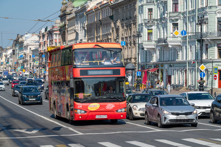 SAINT PETERSBURG, RUSSIA - JUNE 27, 2023: Higer KLQ6109GS double-decker sightseeing bus on Nevsky...