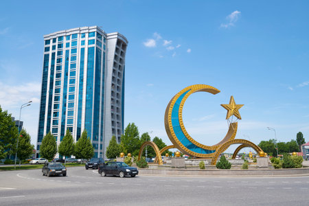 ARGUN, RUSSIA - JUNE 14, 2023: A crescent with a star is a Muslim symbol on the central square on a sunny June day. Chechen Republicのeditorial素材