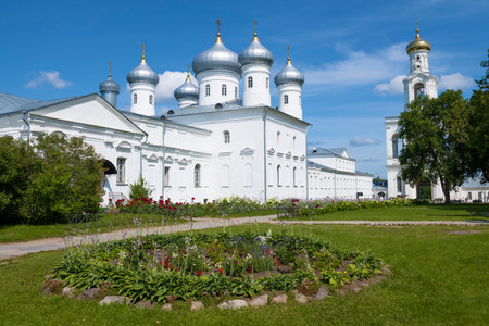 Sunny July day in the old St. George's Monastery. Veliky Novgorod, Russia