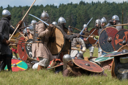 TVER REGION, RUSSIA - JULY 22, 2023: A fragment of the reconstruction of a medieval battle. Historical festival "Epic Coast-2023"のeditorial素材
