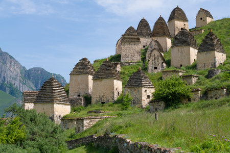 In the ancient city of the dead (Crypt burial ground Dargavs) on a sunny June day. North Ossetia Alania. Russian Federationの写真素材