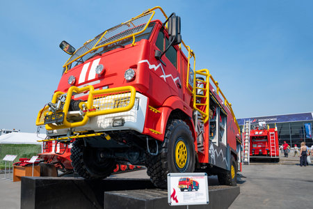 MOSCOW REGION, RUSSIA - AUGUST 18, 2022: Modern russian fire truck AC-3,0-50/4 based on Kamaz-43502...