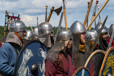 TVER REGION, RUSSIA - JULY 21, 2023: Reenactors in early medieval armor before the battle. Historical festival "Epic Coast-2023"のeditorial素材