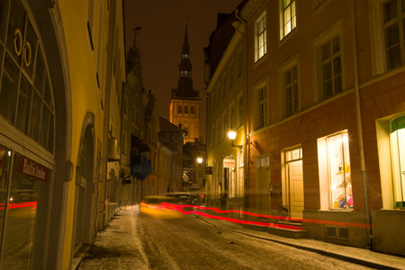 Late winter evening on the street of the old town. Tallinn, Estoniaのeditorial素材