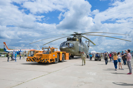 ZHUKOVSKY, RUSSIA - JULY 20, 2017: Towage of the heavy transport helicopter of Mi-26T2. Fragment of...