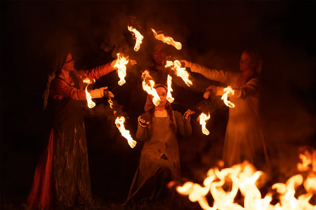 SHEVELEVO, RUSSIA - AUGUST 05, 2023: Fragment of the fire show of the Saga group on the historical festival "Princess  Brotherhood"のeditorial素材