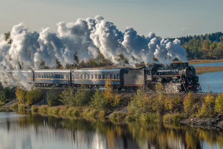 HELYULYA, RUSSIA - OCTOBER 06, 2023: Retro train Ruskeala Express on the dam of  Kalmaranyarvi Lake...