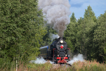 RUSKEALA, RUSSIA - AUGUST 15, 2020: Tourist retro train "Ruskeala Express" at the turn on a sunny August day. Kareliaのeditorial素材