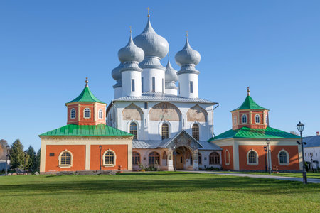 The ancient Assumption Cathedral of the Tikhvin Assumption Monastery on a sunny October day....