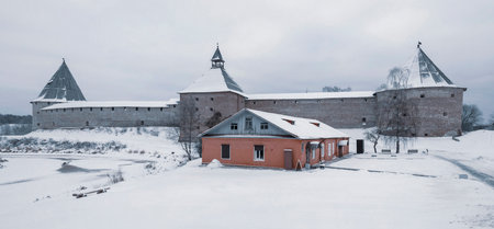STARAYA LADOGA, RUSSIA - DECEMBER 11, 2022: Panorama of the ancient Staraya Ladoga fortress on a...