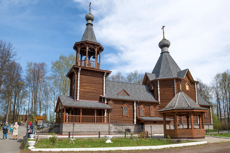 SHARYA, RUSSIA - APRIL 30, 2023: Modern wooden church of St. Nicholas the Wonderworker on a sunny April dayのeditorial素材