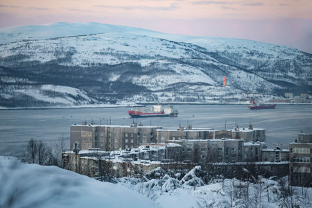View of the Kola Bay on a February evening. Murmansk, Russiaの写真素材