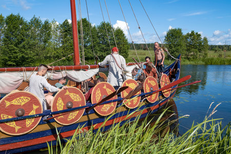 TVER OBLAST, RUSSIA - JULY 21, 2023: An old Russian boat sets sail. Historical festival "Epic Coast-2023"のeditorial素材