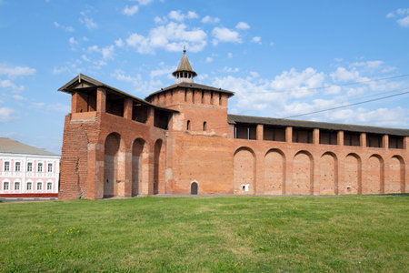 Ancient wall of the Kolomna Kremlin on a sunny June day. View from the inside. Staraya Kolomna, Moscow region, Russiaの写真素材