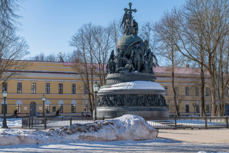 View of the "Millennium of Russia" monument on a sunny March day. Kremlin of Veliky Novgorodのeditorial素材