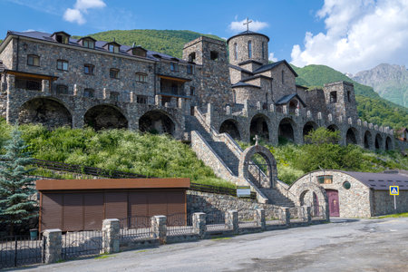 Orthodox Alan Assumption Monastery on a sunny June morning. Hidicus. Northern Ossetia-Alania,...