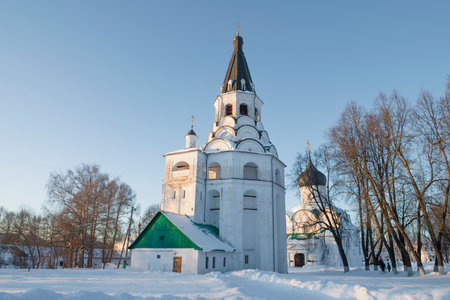 The ancient church-bell tower of the Crucifixion of Christ (Raspyatskaya Church) in Aleksandrovskaya Sloboda on a January day. Alexandrov. Vladimir region, Russiaの写真素材