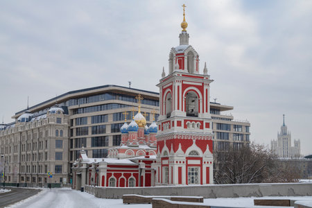 The ancient Church of St. George the Victorious (Protection of the Most Holy Theotokos, 1657) on a gloomy January day. Moscow, Russiaの写真素材