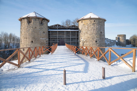 At the entrance to the ancient Koporye fortress on a sunny February day. Leningrad region, Russiaの写真素材