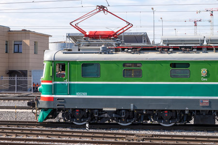 SAINT PETERSBURG, RUSSIA - AUGUST 27, 2023: The front part of the Czech passenger electric locomotive of the ChS2. Dynamic show of retro locomotives on the railway forum "PRO//Dvizhenie.Expo"のeditorial素材