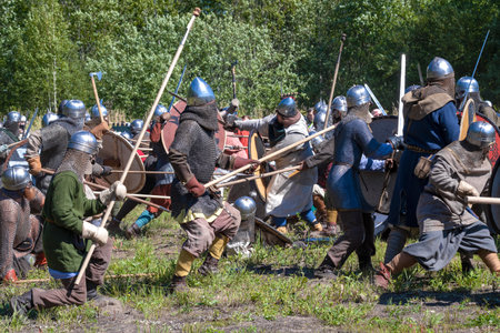 SHEVELEVO, RUSSIA - AUGUST 05, 2023: Fragment of the reconstruction of the battle of the early...