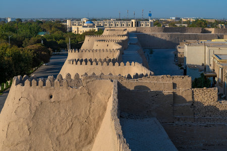 Ancient city wall on a sunny September evening. Khiva. Uzbekistanの写真素材