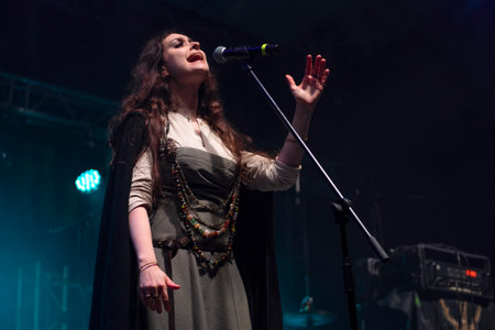 TVER REGION, RUSSIA - JULY 23, 2022: Alexandra Kupriyanova - lead singer of the folk group Bjarla during a performance on the historical festival Epic Coast - 2022のeditorial素材