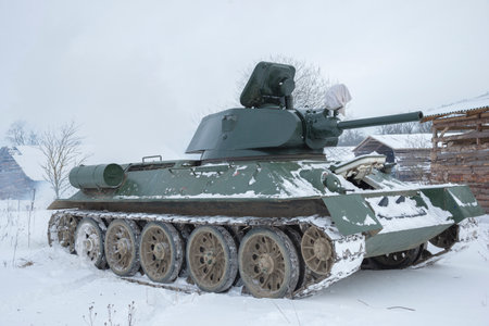 KRASNOYE SELO, RUSSIA - FEBRUARY 05, 2023: Main Soviet tank of the period of World War II T-34 in...