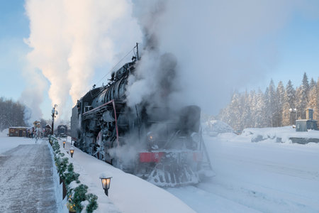 RUSKEALA, RUSSIA - JANUARY 20, 2024: A Soviet steam locomotive of the L series (Lebedyanka) shrouded in steam on a frosty January day. Ruskeala Mountain Park Stationのeditorial素材