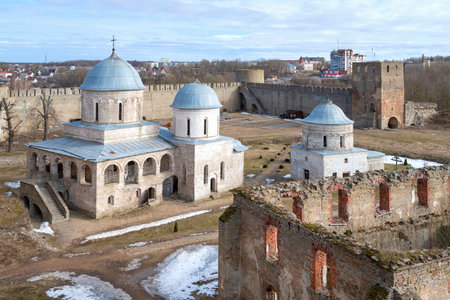 View of the ancient Assumption Church on a March day. Ivangorod fortress. Leningrad region, Russiaの写真素材