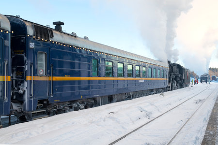 RUSKEALA, RUSSIA - JANUARY 20, 2024: Car of the retro train "Ruskeala Express" on a frosty January morning. Ruskeala Mountain Park stationのeditorial素材
