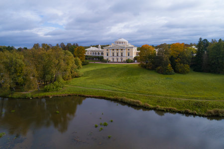 October landscape with Pavlovsk Palace on a cloudy day (shooting from a quadcopter). Suburbs of St. Petersburg, Russiaのeditorial素材
