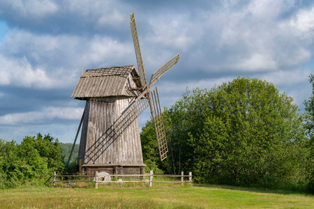 View of the old wooden mill on a June morning. Mikhailovskoe, Pushkin Mountains. Russiaの写真素材