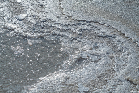 Formation of natural salt crystals on the salt lake Baskunchak. Astrakhan region, Russiaの写真素材