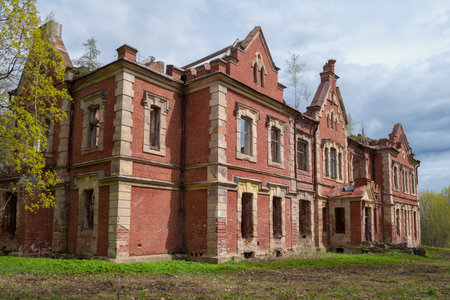Ruins of the old mansion of the noble estate Knyazhya Gorka on a May day. Pskov region, Russiaの写真素材