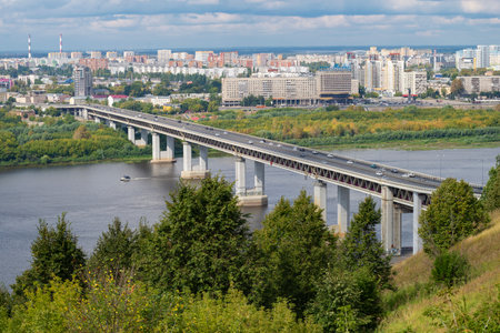 NIZHNY NOVGOROD, RUSSIA - View of the Metro Bridge on a sunny August dayの写真素材